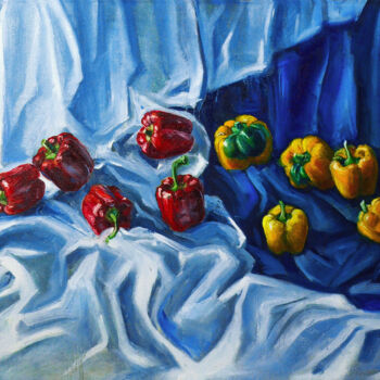 Painting titled "The peppers" by Mila Pavlova, Original Artwork, Oil Mounted on Wood Stretcher frame