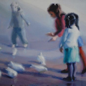 Pintura titulada "Nin as y palomas" por Milagros Ferrer, Obra de arte original, Oleo