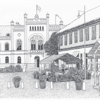 Dibujo titulada "Kuldiga Town Hall" por Lauris Milbrets, Obra de arte original, Tinta