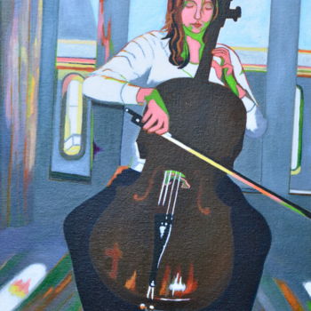 Malerei mit dem Titel "La violoncelliste" von François Milcar, Original-Kunstwerk, Öl