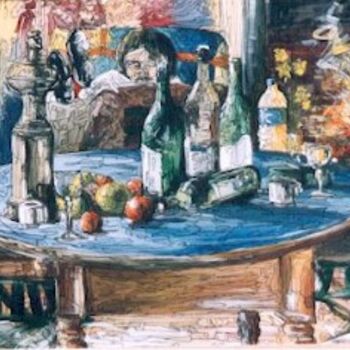 Peinture intitulée "la table bleu" par Mile, Œuvre d'art originale