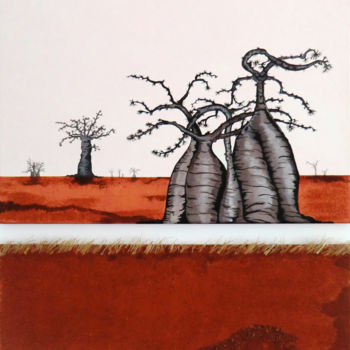 Painting titled "Baobabs en terre ro…" by Mileg, Original Artwork, Acrylic Mounted on Wood Stretcher frame