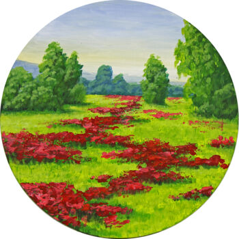Painting titled "Field with red flow…" by Yulia Zhdanovich (MiliArt), Original Artwork, Acrylic Mounted on Wood Stretcher fr…
