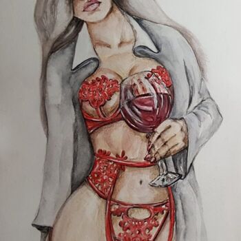 Pintura intitulada "Lady in red ❤🍷" por Milka Emilia, Obras de arte originais, Aquarela