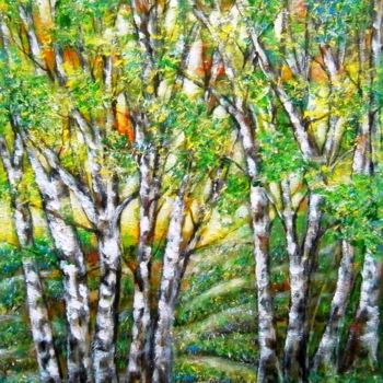 Painting titled "Birches in spring .." by Milka Urbaníková, Original Artwork, Acrylic