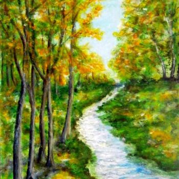 Malerei mit dem Titel "Creek in the forest…" von Milka Urbaníková, Original-Kunstwerk, Acryl