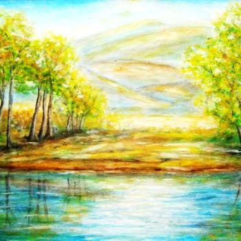 Painting titled "Morning at the lake…" by Milka Urbaníková, Original Artwork, Acrylic