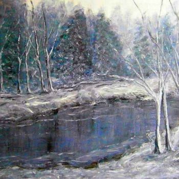 Painting titled "Winter by the river…" by Milka Urbaníková, Original Artwork, Oil