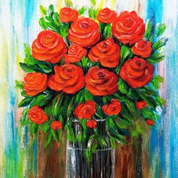 Painting titled "A bouquet of red ro…" by Milka Urbaníková, Original Artwork, Acrylic