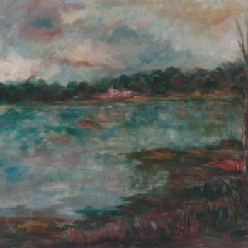 Painting titled "tramonto sul lago I…" by Milla, Original Artwork, Oil