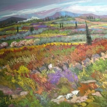 Painting titled "Les vignes rouges" by Milorv, Original Artwork, Oil