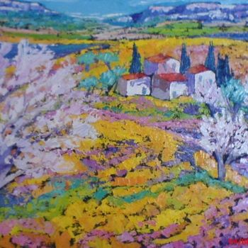 Pintura intitulada "Cerisiers en fleurs" por Milorv, Obras de arte originais, Óleo