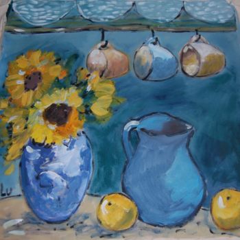 Painting titled "vasos azuis e giras…" by Milu Petersen, Original Artwork