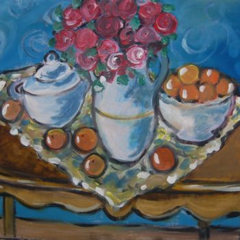 Painting titled "mesa com flores e f…" by Milu Petersen, Original Artwork