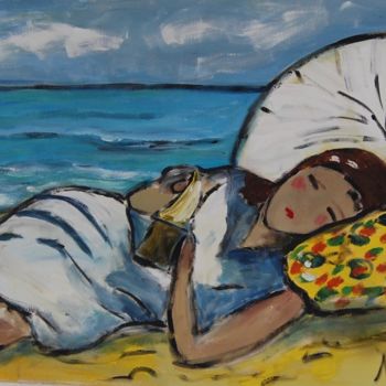 Painting titled "na praia lendo" by Milu Petersen, Original Artwork