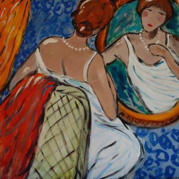 Painting titled "woman and mirror" by Milu Petersen, Original Artwork, Acrylic