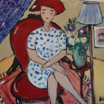 Pittura intitolato "senhora sentada com…" da Milu Petersen, Opera d'arte originale, Acrilico