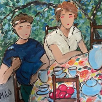 Painting titled "tea time in the gar…" by Milu Petersen, Original Artwork, Acrylic