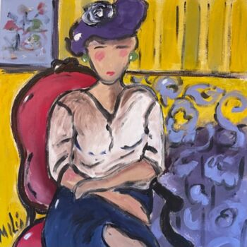 Painting titled "lady black hat" by Milu Petersen, Original Artwork, Acrylic