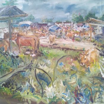 「Cows market」というタイトルの絵画 Mim Sulthoniによって, オリジナルのアートワーク, オイル