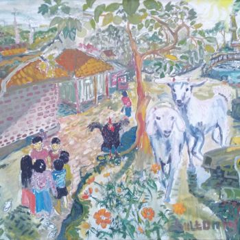 Malarstwo zatytułowany „Village scene” autorstwa Mim Sulthoni, Oryginalna praca, Olej