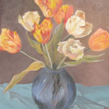 Painting titled "Tulips in Blue Vase" by Carol Hare, Original Artwork