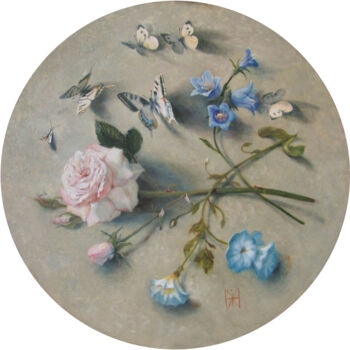 Schilderij getiteld "Butterflies and rose" door Mimi Hi, Origineel Kunstwerk, Olie Gemonteerd op Frame voor houten brancard