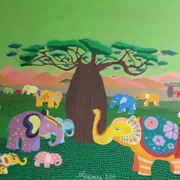 Painting titled "Elephant Festival #…" by Mimi Revencu, Original Artwork, Acrylic