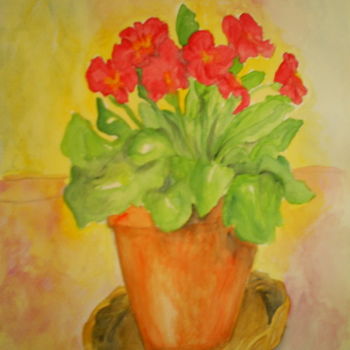 Pittura intitolato "Vaso di primule ros…" da Rosalind, Opera d'arte originale, Olio