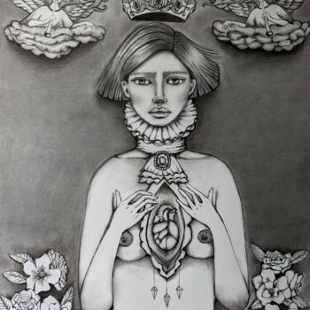 Рисунок под названием "la dame de cœur" - Mina B, Подлинное произведение искусства, Графит