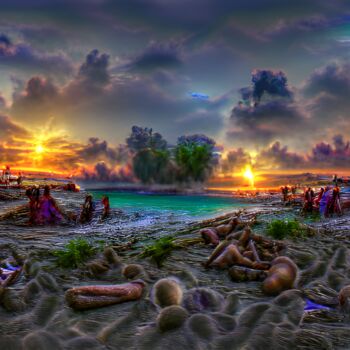 Digital Arts titled "Sunset at a beach" by Mina Nakamura, Original Artwork, Digital Painting