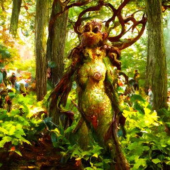 Digital Arts titled "Dryad in the woods…" by Mina Nakamura, Original Artwork, Digital Painting