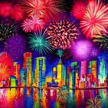 Arts numériques intitulée "Fireworks over city…" par Mina Nakamura, Œuvre d'art originale, Peinture numérique