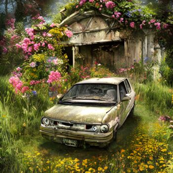 Digitale Kunst getiteld "Abandoned car in sp…" door Mina Nakamura, Origineel Kunstwerk, Digitaal Schilderwerk