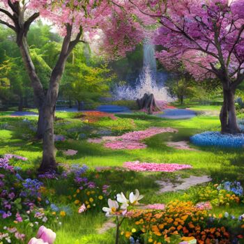 Digitale Kunst mit dem Titel "Park at spring" von Mina Nakamura, Original-Kunstwerk, Digitale Malerei