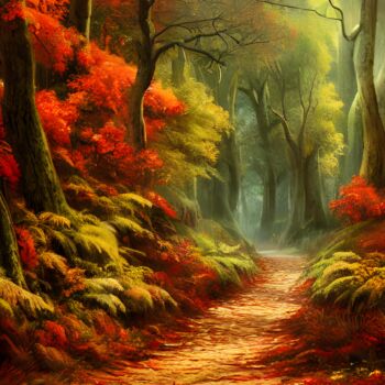 Digital Arts titled "Path in autumn fore…" by Mina Nakamura, Original Artwork, Digital Painting