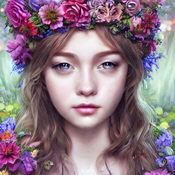Digital Arts titled "Girl & flower crown" by Mina Nakamura, Original Artwork, Digital Painting