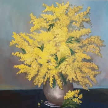 Painting titled "Bouquet de Mimosa" by Mireille.S, Original Artwork, Oil Mounted on Wood Stretcher frame
