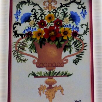 Ζωγραφική με τίτλο "Vasque fleurie - su…" από Monette O'Neill, Αυθεντικά έργα τέχνης, Άλλος Τοποθετήθηκε στο Ξύλινο φορείο σ…