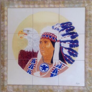Painting titled "l'indien-et-son-aig…" by Monette O'Neill, Original Artwork, Other Mounted on Other rigid panel
