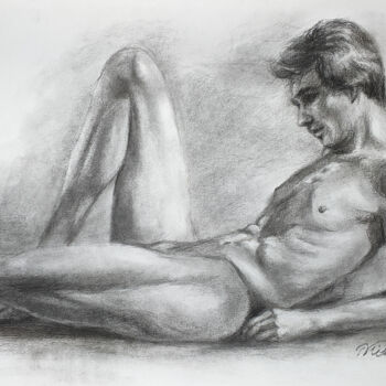 Dessin intitulée "Reclining Male Nude" par Mira Chen, Œuvre d'art originale, Fusain