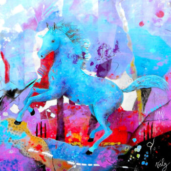 Painting titled "Le cheval bleu" by Mireille Taupin (Valy), Original Artwork, Acrylic Mounted on Wood Stretcher frame