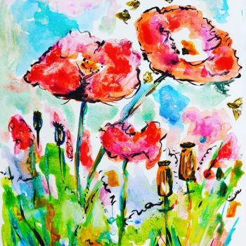 Painting titled "Poppies & Bees" by Mia, Original Artwork, Acrylic
