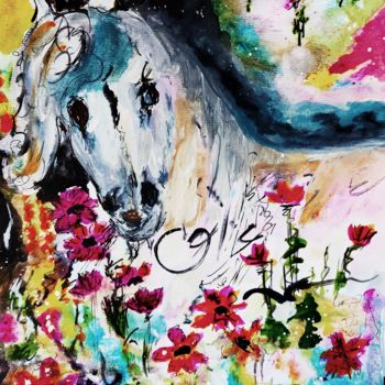 Malarstwo zatytułowany „Wild White Stallion” autorstwa Mia, Oryginalna praca, Akryl