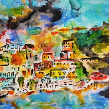 Painting titled "Sea Town" by Mia, Original Artwork, Acrylic