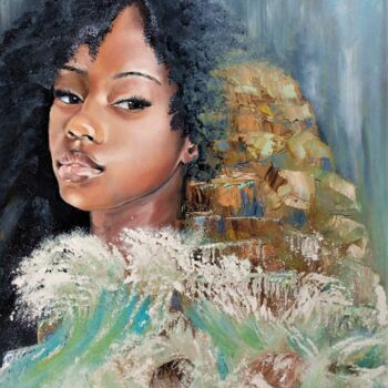 Painting titled "Girl at the rock" by Mirian Nyitrai, Original Artwork, Oil