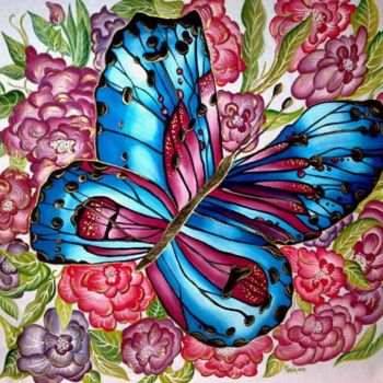 Ζωγραφική με τίτλο "BUTTERFLY AND FLOWE…" από Mirna Santaroni, Αυθεντικά έργα τέχνης