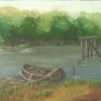 Pintura intitulada "bote-viejo-en-el-ri…" por Mirta Bari, Obras de arte originais, Óleo