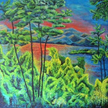 Painting titled "The Evening Lake" by Misako Chida, Original Artwork, Oil