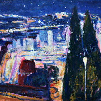 Painting titled "Nocturne. Cannes" by Misha Sydorenko, Original Artwork, Oil Mounted on Wood Stretcher frame